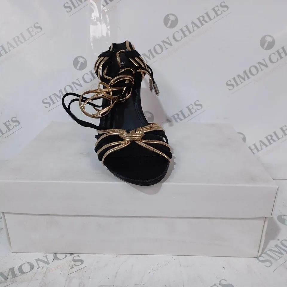 BOXED PAIR OF REISS CASSIDY STRAPPY HEELS IN BLACK/GOLD SIZE 5