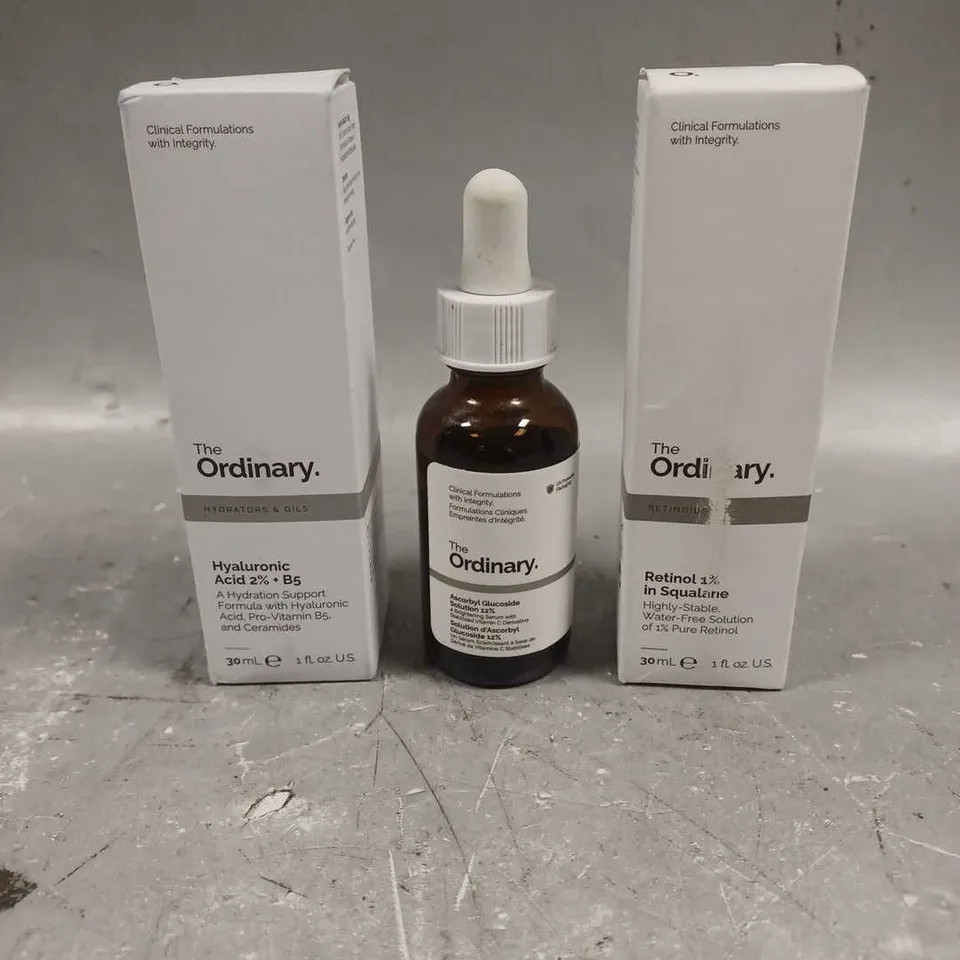 THE ORDINARY LOT OF 3 ASSORTED COSMETIC ITEMS TO INCLUDE - RETINOL 1% SOLUTION - ASCORBY GLUCOSIDE SOLUTION 12% SERUM - HYALURONIC ACID 2%