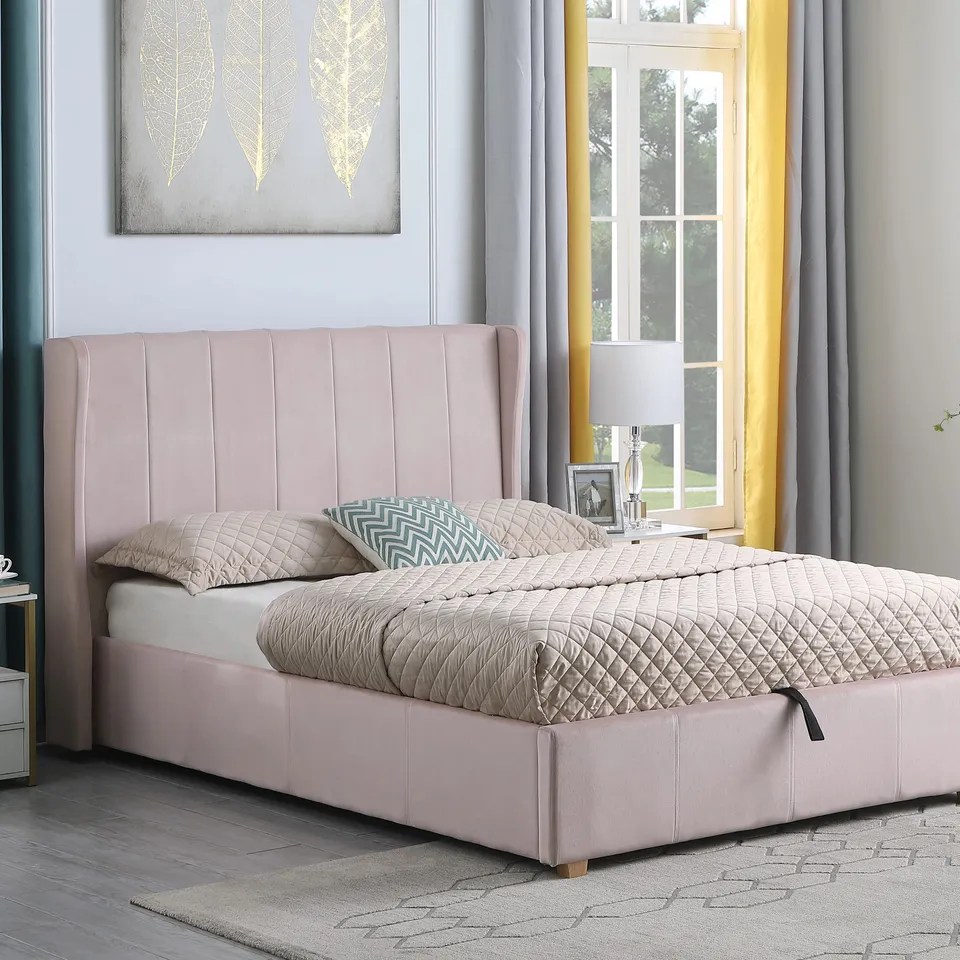BOXED SWITHUN PINK VELVET UPHOLSTERED DOUBLE BED [2 BOXES]