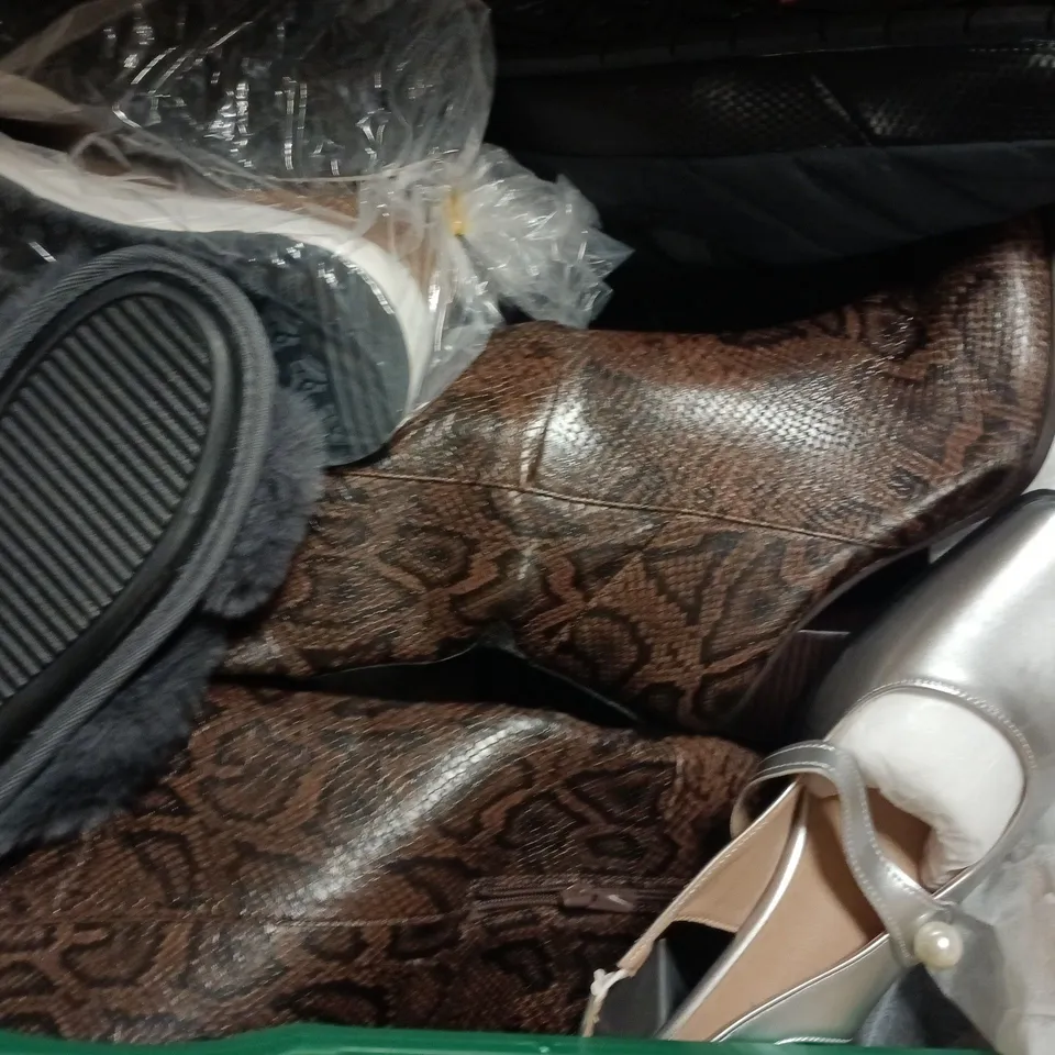 BOX OF APPROXIMATELY 15 ASSORTED PAIRS OF SHOES AND FOOTWEAR ITEMS IN VARIOUS COLOURS, STYLES, AND SIZES - COLLECTION ONLY