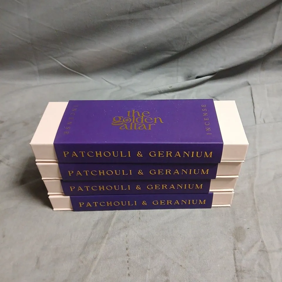 LOT OF 4 BOXES OF THE GOLDEN ALTAR PATCHOULI AND GERANIUM INCENSE STICKS