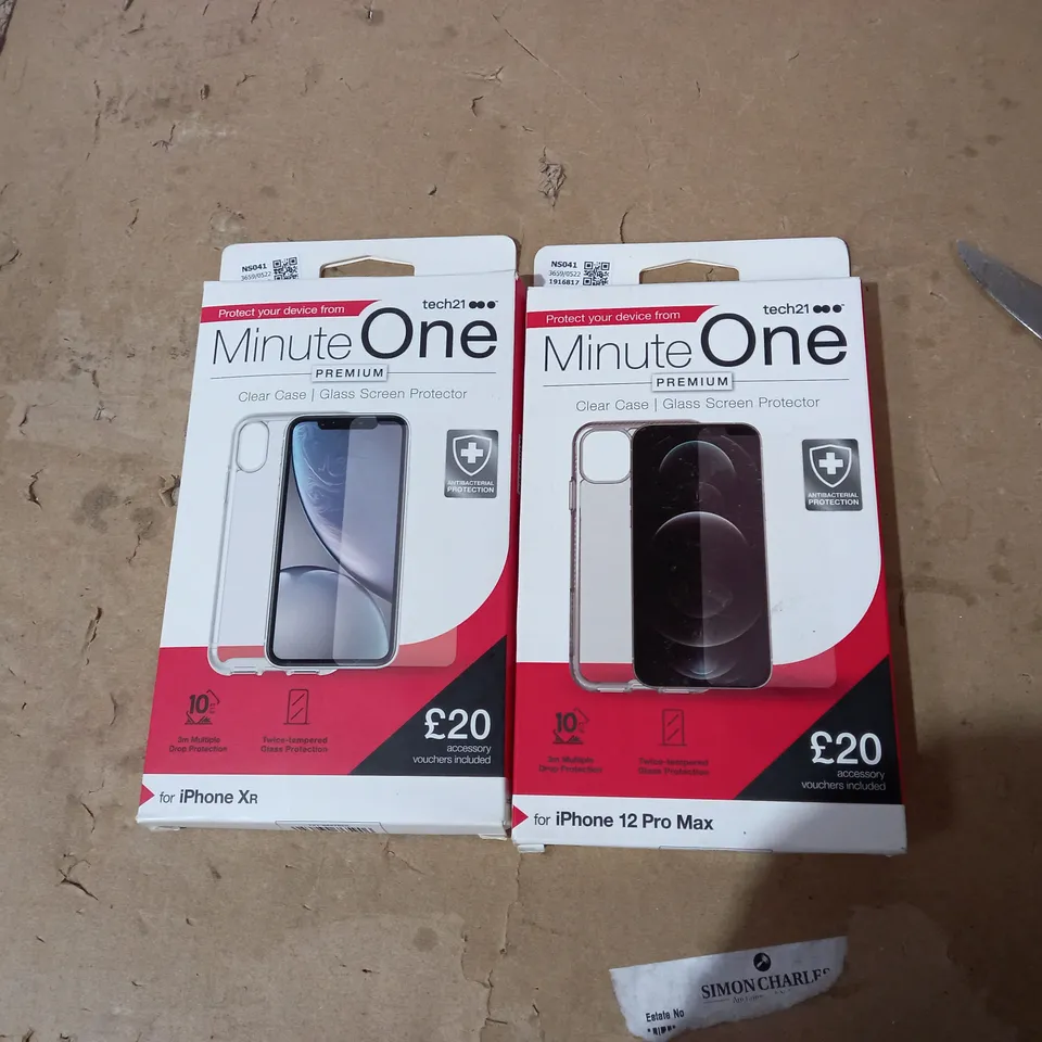 LOT OF 2 TECH 21 MINUTE ONE CLEAR IPHONE XR, IPHONE 12 PRO MAX CASES
