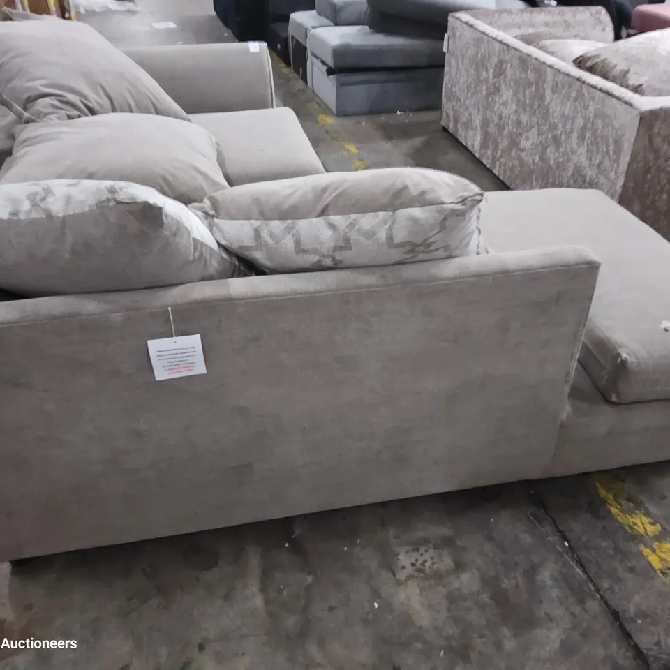 DESIGNER CHAISE SOFA WITH SCATTER CUSHIONS FAWN FABRIC