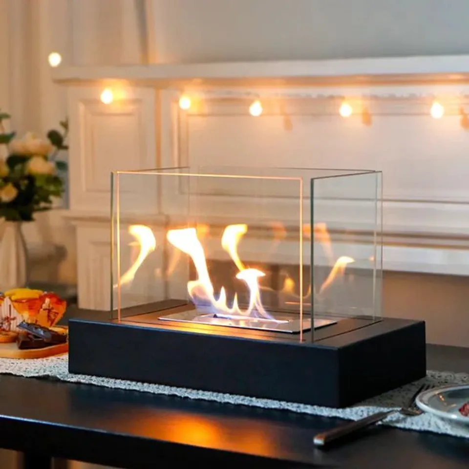 BOXED 360° VIEW RECTANGULAR TABLETOP FIREPLACE FIRE BOWL WITH FOUR-SIDED GLASS