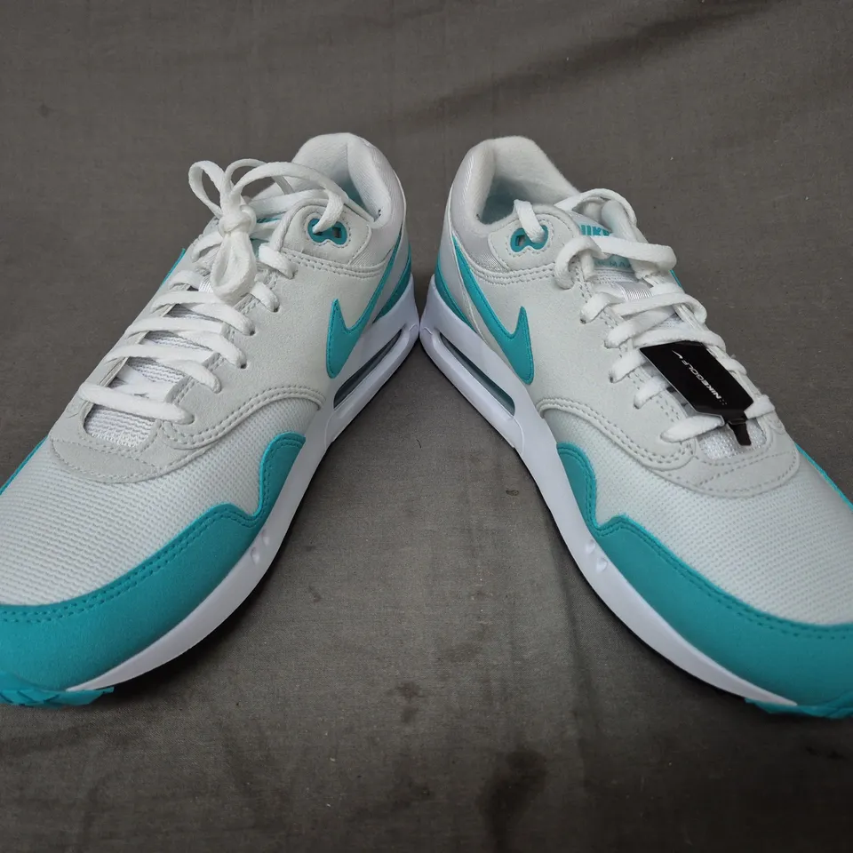 BOXED PAIR OF NIKE AIR MAX 1 '86 SHOES IN WHITE/CYAN UK SIZE 9