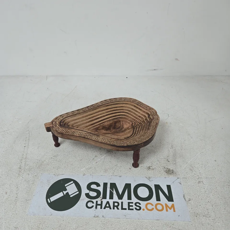 Carved wooden pedestal bowl with leaf border on three turned legs
