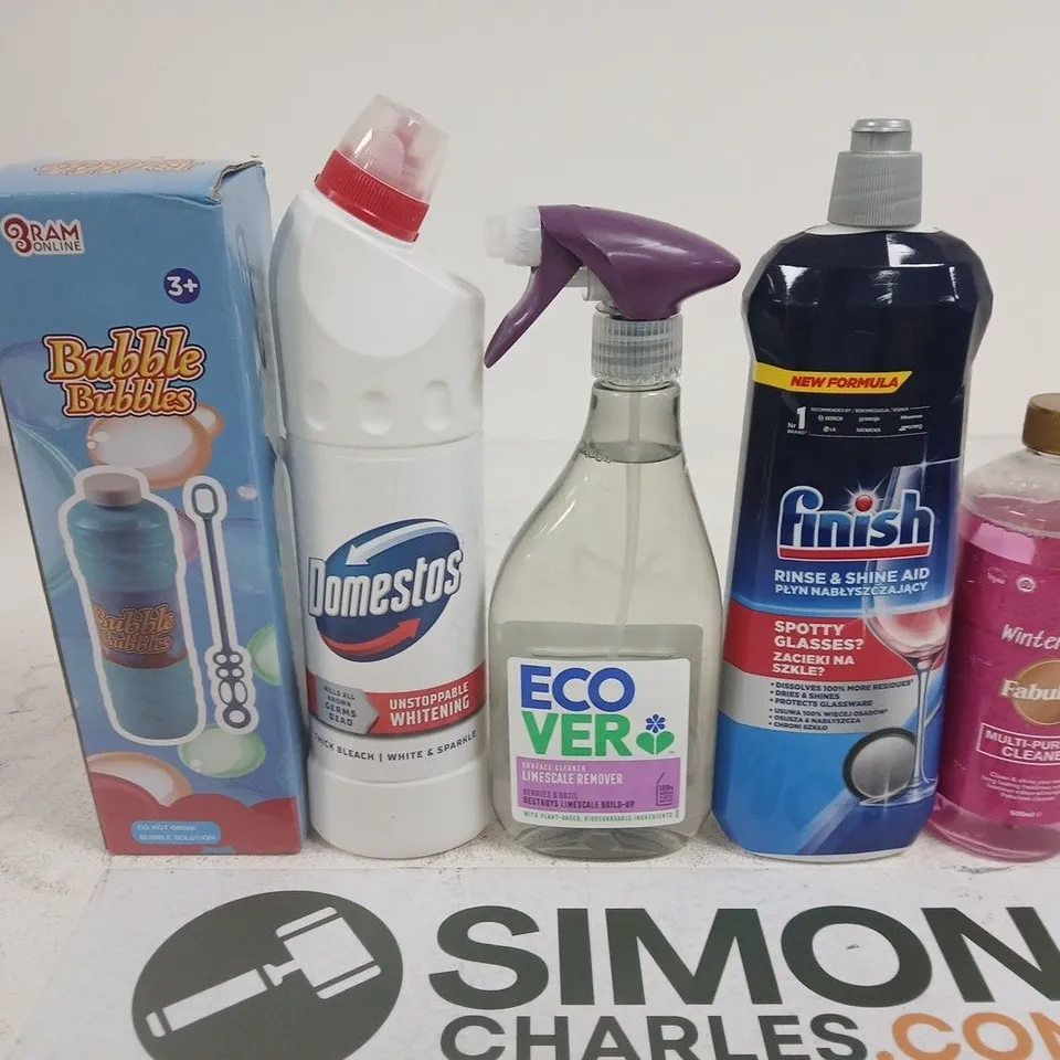 APPROXIMATELY 15 ASSORTED HOUSEHOLD PRODUCTS TO INCLUDE BUBBLES , FINISH AND FABULOSA 