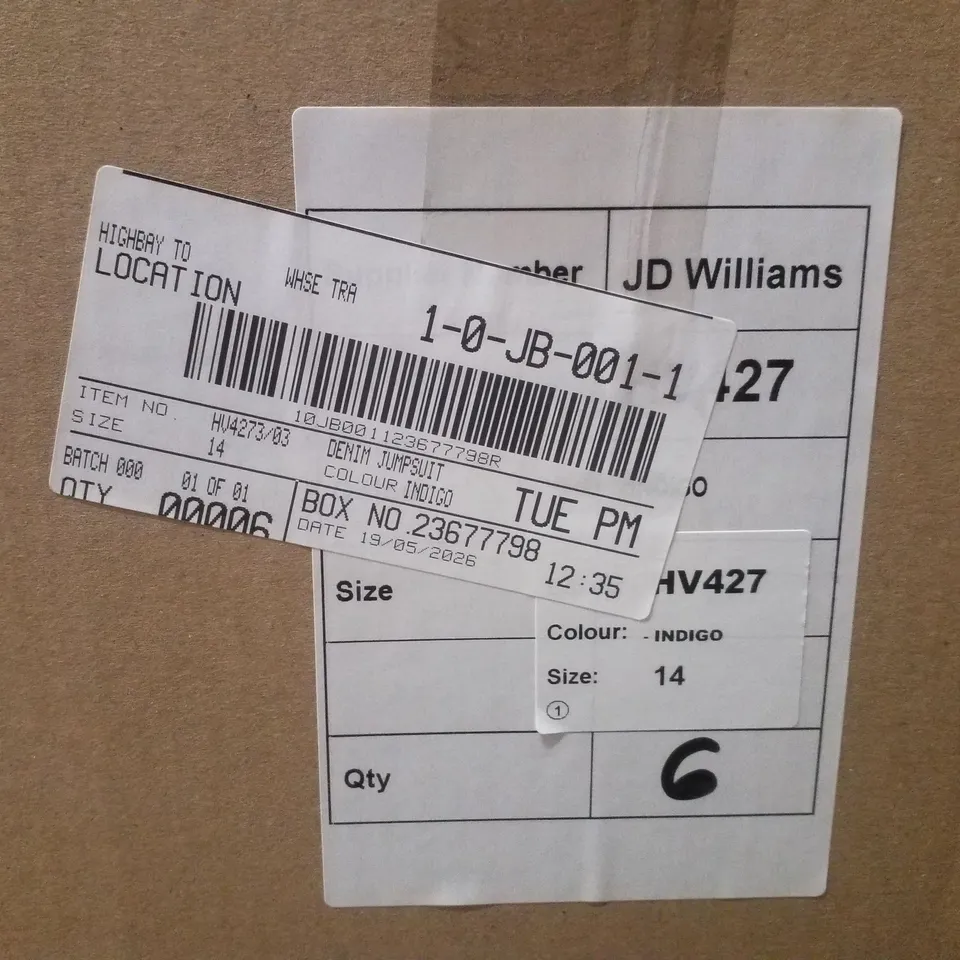 BOX CONTAINING APPROXIMATELY 6 BRAND NEW J D WILLIAMS INDIGO DENIM JUMPSUITS - SIZE 14
