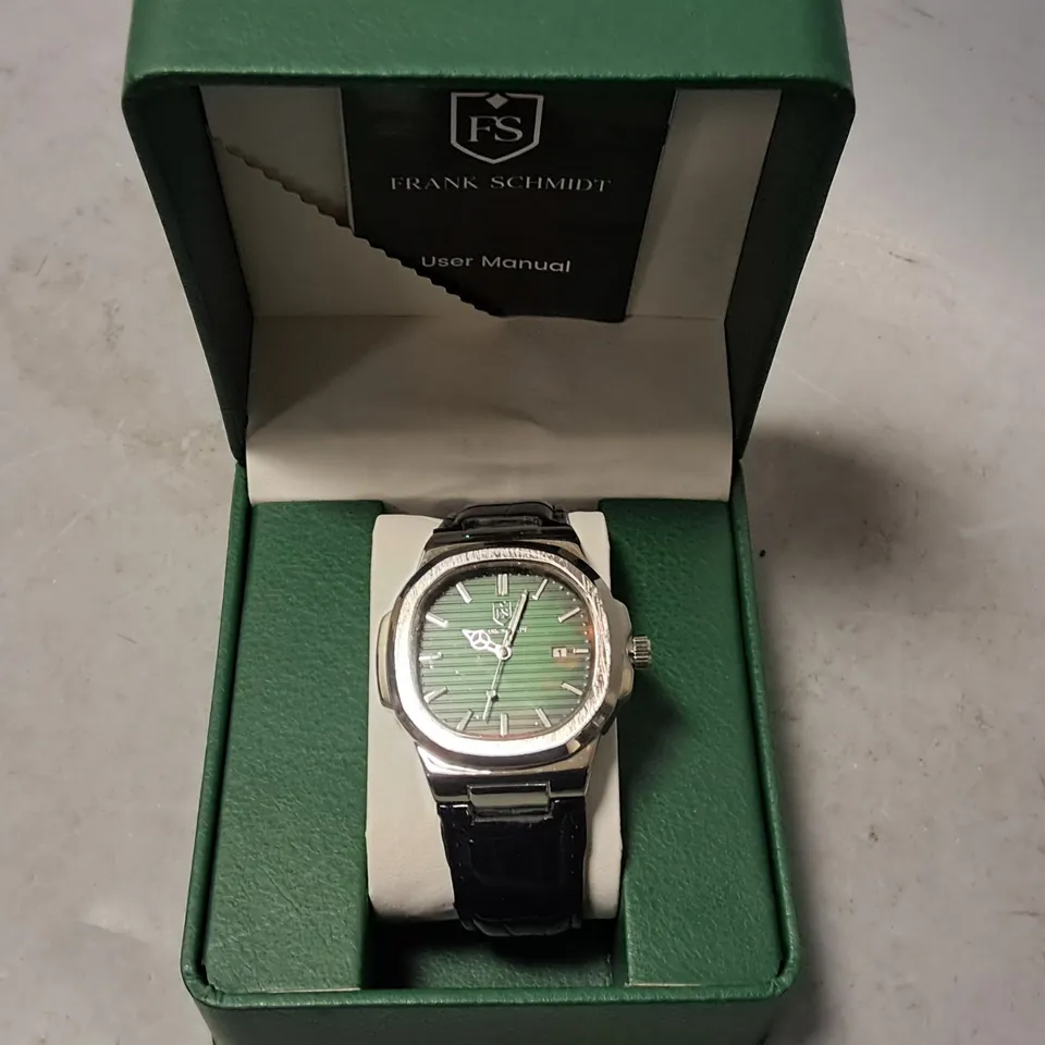 FRANK SCHMIDT STAINLESS STEEL GREEN FACED GENTS WATCH WITH BLACK LEATHER STRAP 