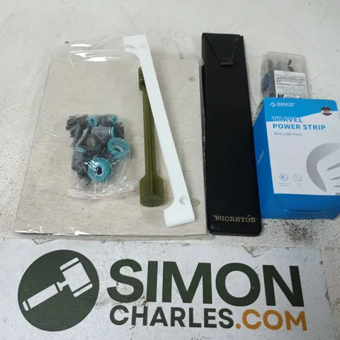 APPROXIMATELY 12 ASSORTED HOUSEHOLD ITEMS TO INCLUDE TRAVEL POWER STRIP, WOODRUFF KEYS HALF MOON ASSORTMENT, ETC