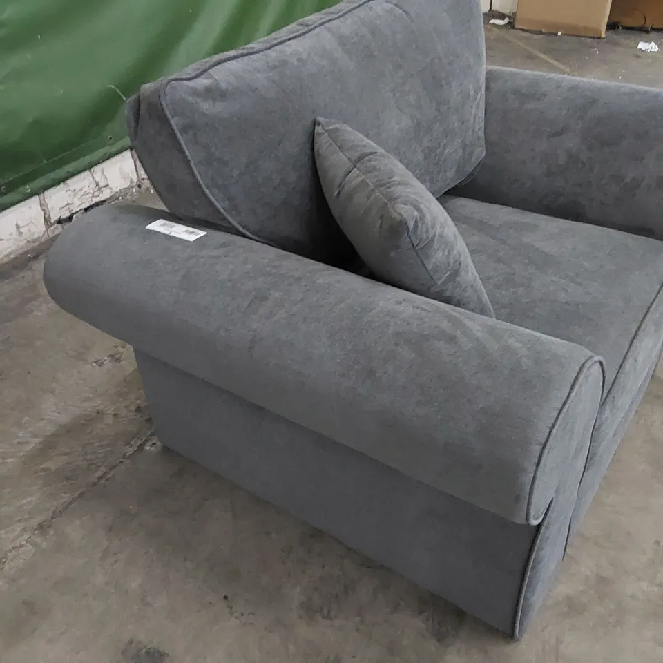 DESIGNER ARMCHAIR UPHOLSTERED IN GREY FABRIC 