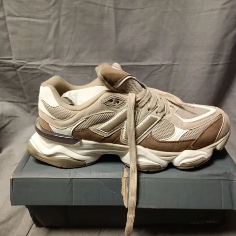 BOXED PAIR OF NEW BALANCE 9060 TRAINERS IN BROWN- UK 8.5