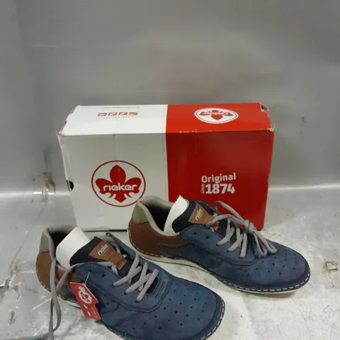 BOXED PAIR OF RIEKER BLUE/BROWN LACE UP TRAINER UK 9