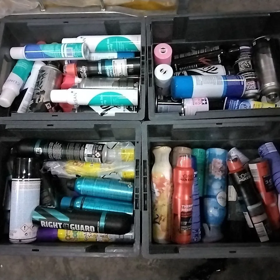 4 TRAYS OF ASSORTED ITEMS TO INCLUDE: K&N AIR FILTER CLEANING KIT, TED BAKER BODY DUO, SPRAY STARCH, LOOP SPRAY PAINT, DOVE INVISIBLE DRY ETC