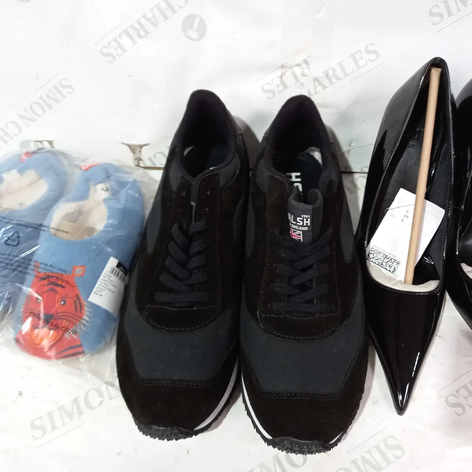 BOX OF APPROXIMATELY 10 ASSORTED PAIRS OF SHOES AND FOOTWEAR ITEMS IN VARIOUS STYLES, COLOURS, AND SIZES TO INCLUDE WALSH, H&M, JOULES, ETC