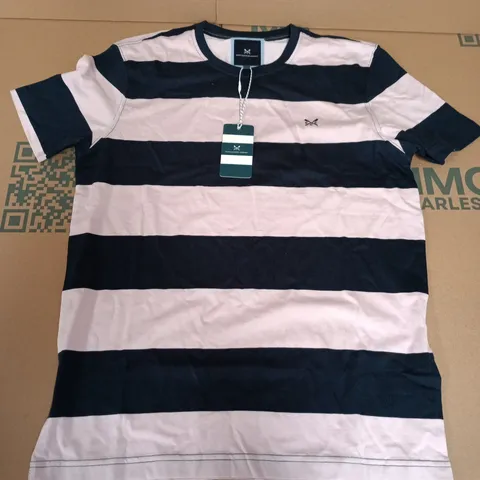 CREW CLOTHING COMPANY NEWTON STRIPE TEE IN HRTPINK - MEDIUM