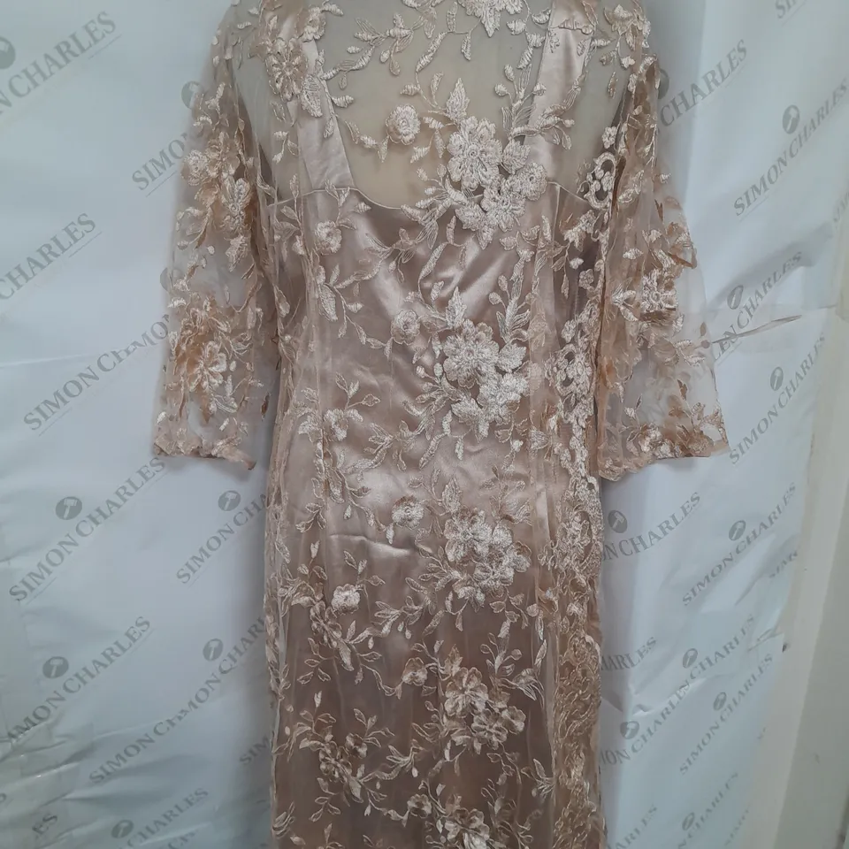 UNBRANDED 2-PIECE DRESS AND OVERLAY SET IN FLORAL BEIGE SATIN SIZE L