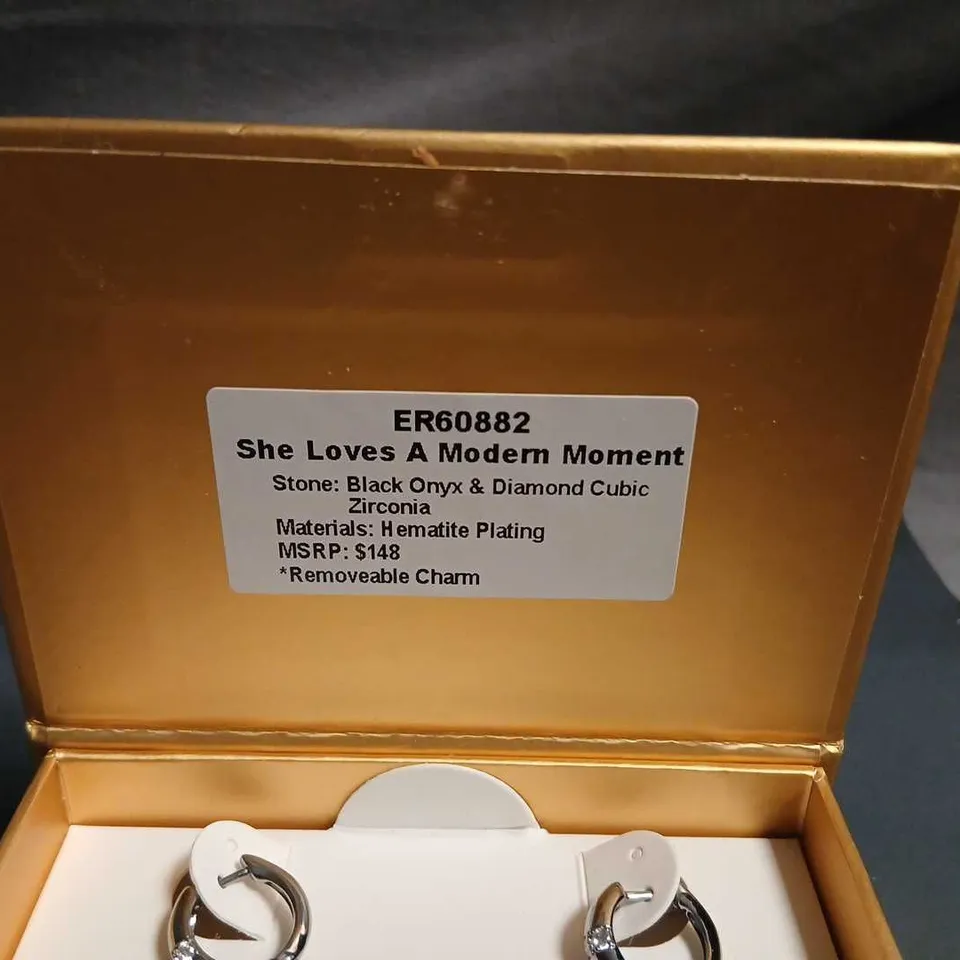 CHARMING HOOPS HOOP EARRINGS – HEMATITE PLATED, BLACK ONYX & CZ, REMOVABLE CHARM