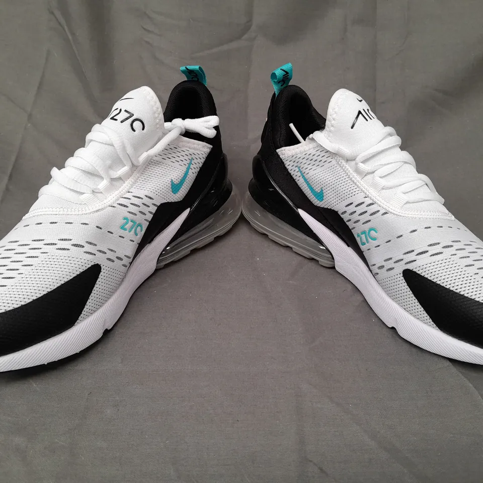 BOXED PAIR OF NIKE AIR MAX 270 SHOES IN WHITE/BLACK/CYAN UK SIZE 8.5