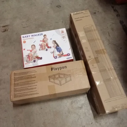 PALLET OF ASSORTED HOUSEHOLD GOODS AND PRODUCTS TO INCLUDE; BABY WALKER, BABY PLAYPEN, SMART TOWER FAN ETC
