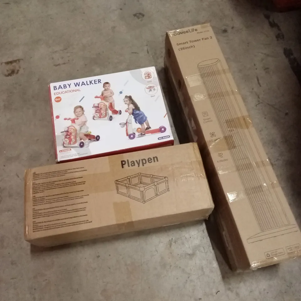 PALLET OF ASSORTED HOUSEHOLD GOODS AND PRODUCTS TO INCLUDE; BABY WALKER, BABY PLAYPEN, SMART TOWER FAN ETC