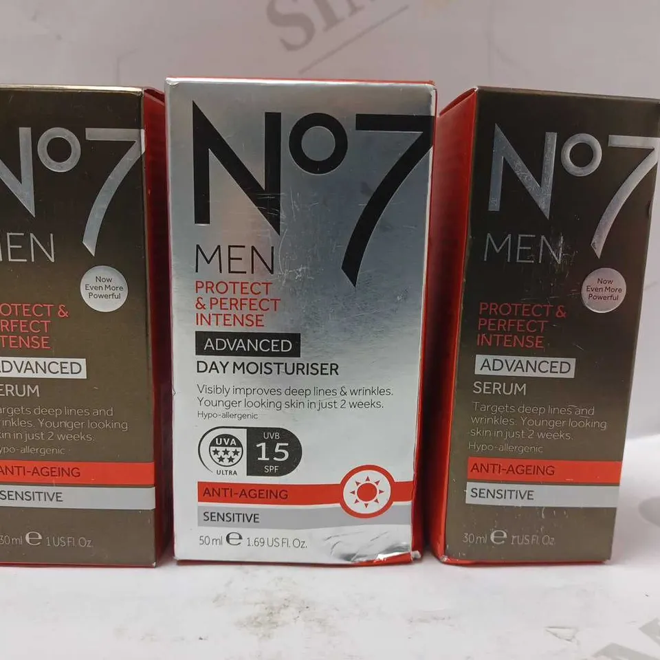 LOT OF 3 NO.7 MEN PRODUCTS TO INCLUDE DAY ADVANCED MOISTURIZER & 2 X ADVANCED SERUM 