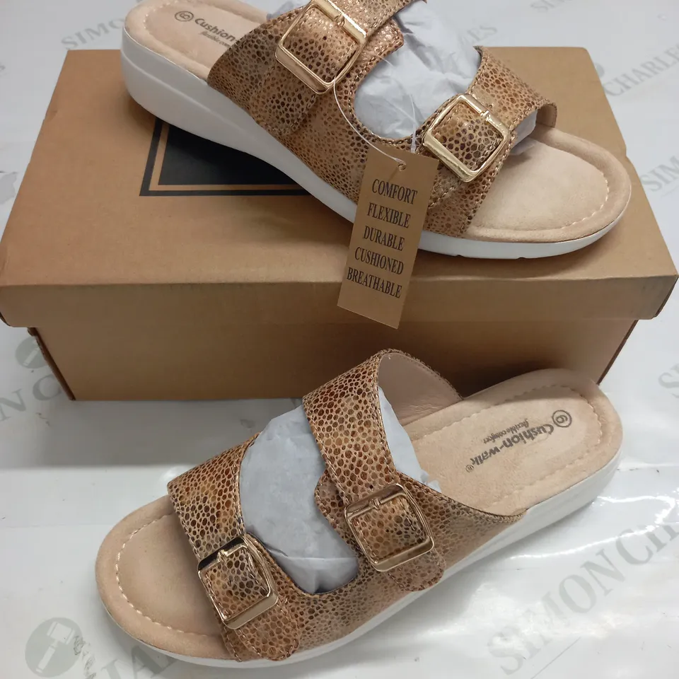 BOXED PAIR OF CUSHION WALK GOLD STRAPPY SANDALS - SIZE 6