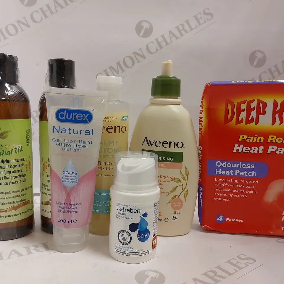 BOX OF APPROX 20 COSMETIC ITEMS TO INCLUDE DEEP HEAT PATCHES, AVEENO OAT TONING LOTION, CETRABEN CREAM
