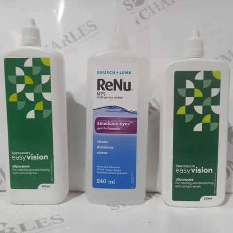 APPROXIMATELY 20 ASSORTED HOUSEHOLD ITEMS TO INCLUDE EASY VISION ALL PURPOSE CONTACT LENSE CLEANER, RENU MULTI-PURPOSE SOLUTION, ETC