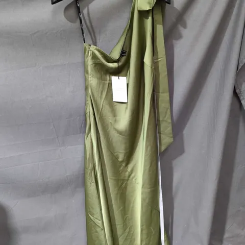 CLUB L LONDON KHAKI SATIN ASYMMETRIC MAXI DRESS WITH BOW – UK 12