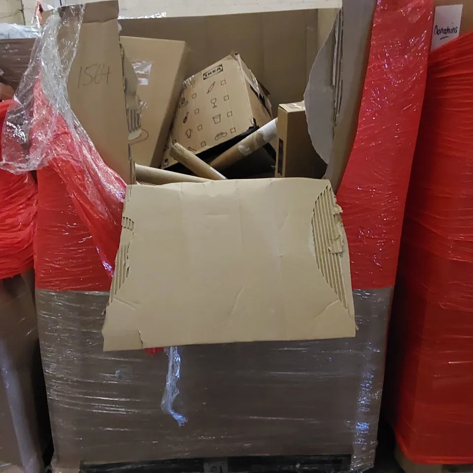 PALLET TO CONTAIN ASSORTED HOUSEHOLD ITEMS AND CONSUMER PRODUCTS. INCLUDES TOILET SEATS, BOXED FURNITURE ETC