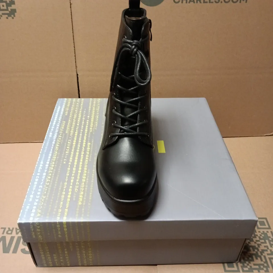 BOXED PAIR OF KOI GIN PLATFORM MILITARY BOOTS IN BLACK - SIZE 4