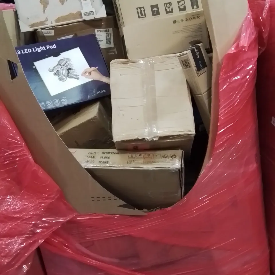 PALLET CONTAINING VARIOUS ASSORTED BOXED HOUSEHOLD ITEMS TO INCLUDE: PC MONITOR, WORLD TRAVEL MAP PIN BOARD, LED LIGHT PAD AND LOTS MORE UNMARKED BOXED ITEMS 