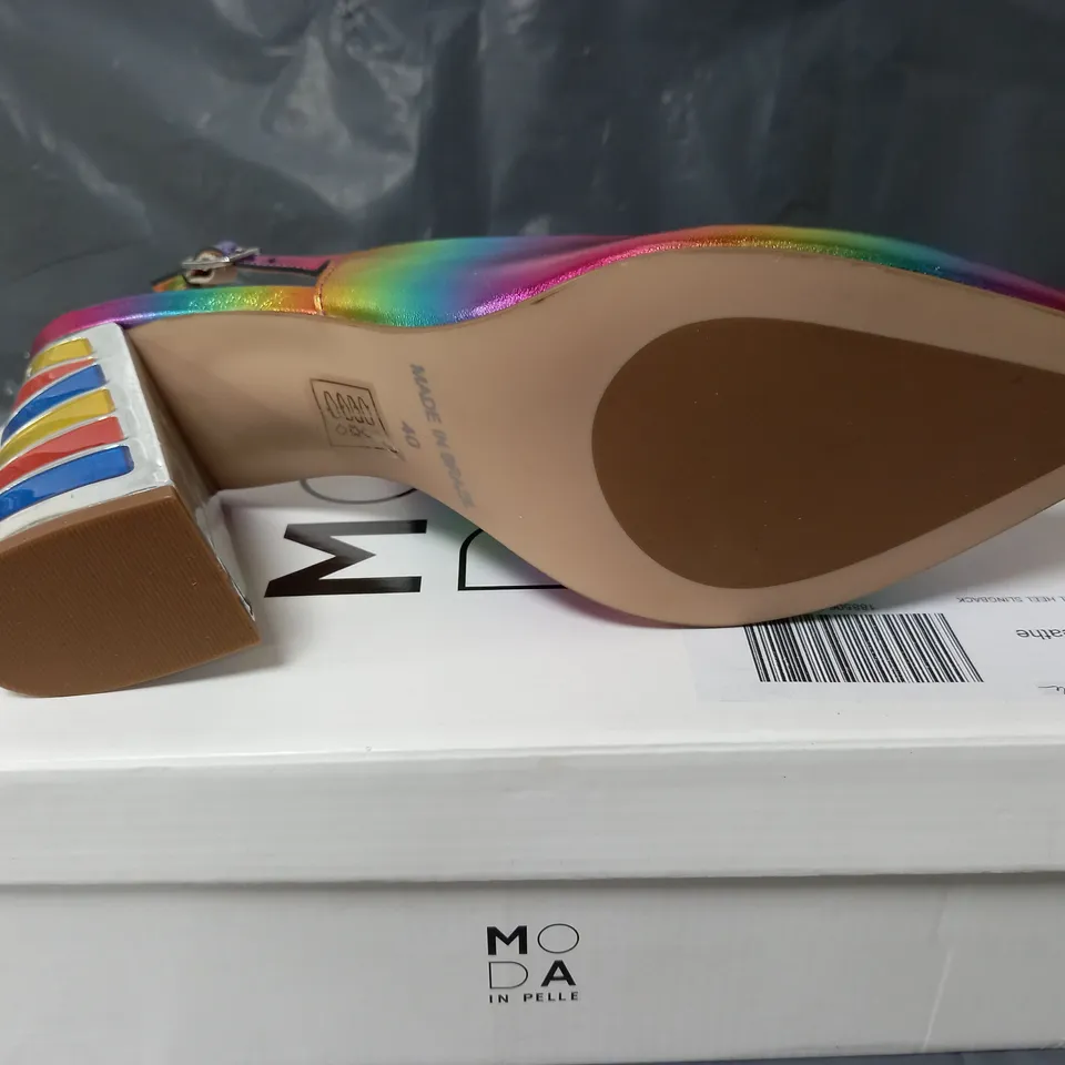 BOXED MODA IN PELLE DINELLA RAINBOW METALLIC LEATHER HIGH HEELS - SIZE 7
