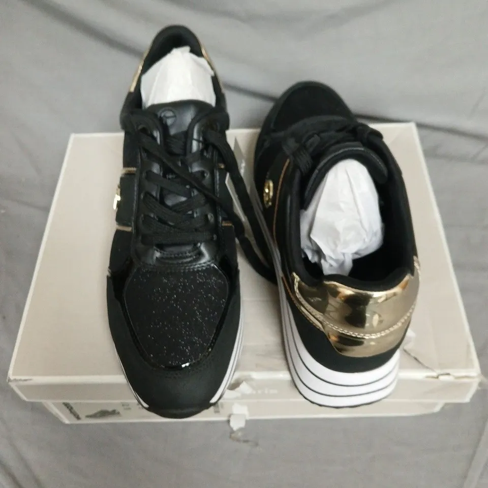 BOXED TAMARIS VEGAN WOMEN'S TRAINERS IN BLACK/GOLD, UK 8 (EU 41, US 10)