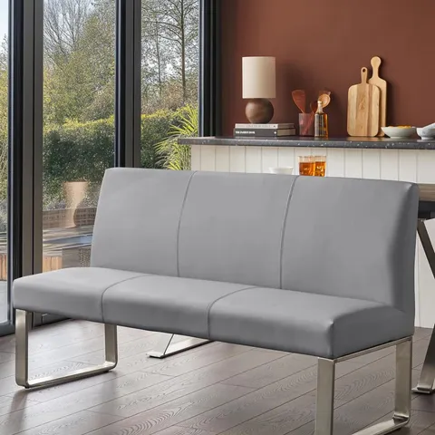 BOXED DANETTI LOOP 3 SEATER GREY FAUX LEATHER & STAINLESS STEEL DINING BENCH WITH BACKREST (1 BOX)