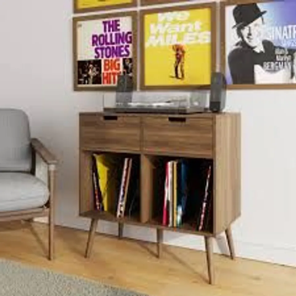 BOXED DOWE 2 DRAWER VINYL TURNTABLE STAND - WALNUT (1 BOX)