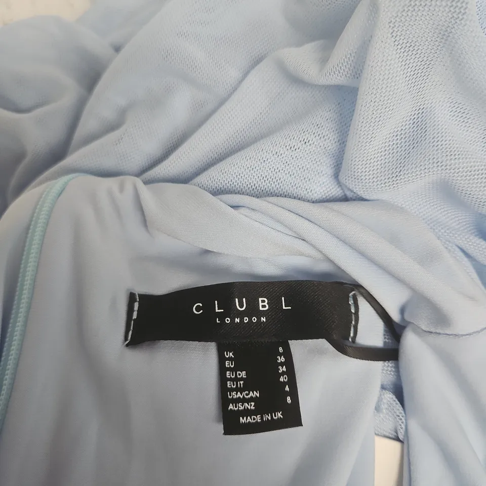 CLUB L LONDON POWDER BLUE ROUND-NECK MAXI DRESS WITH GATHERED DETAILING – UK 8