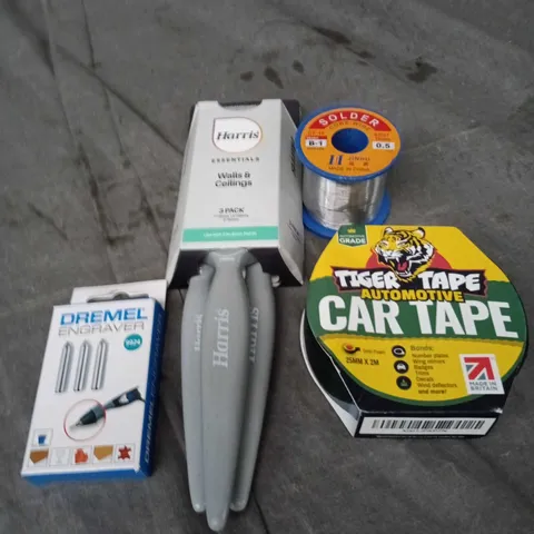 APPROXIMATELY 15 ASSORTED HOUSEHOLD ITEMS TO INCLUDE TIGER TAPE CAR TAPE, HARRIS PAINT BRUSHES AND DREMEL ENGRAVER