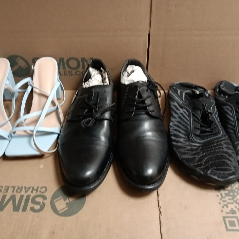 BOX OF APPROXIMATELY 15 ASSORTED PAIRS OF SHOES AND FOOTWEAR ITEMS IN VARIOUS COLOURS, STYLES, AND SIZES - COLLECTION ONLY