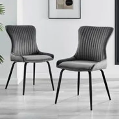 BOXED 2× NORA DARK GREY VELVET DINING CHAIRS BLACK LEGS
