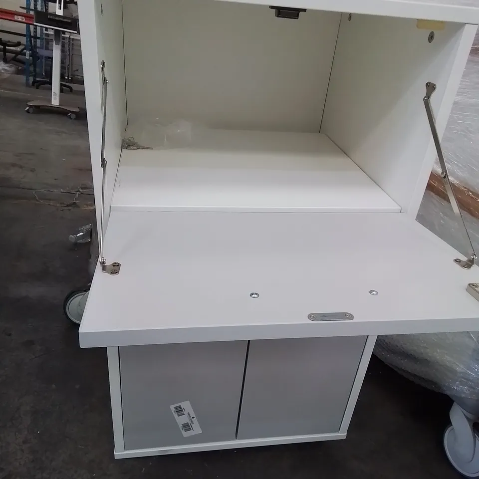 BEDSIDE WHEELED CUPBOARD WITH LOCKABLE DROP DOWN FRONT GREY/WHITE