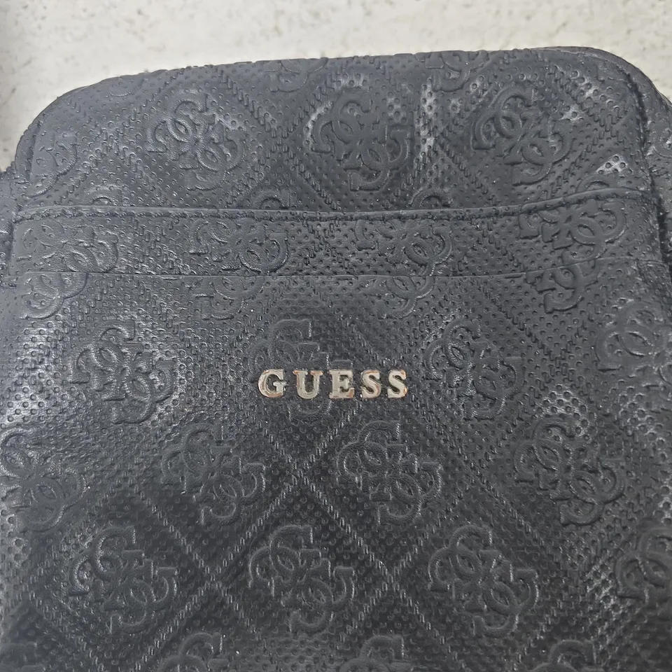 GUESS CROSSBODY BAG - BLACK EMBOSSED MONOGRAM PATTERN