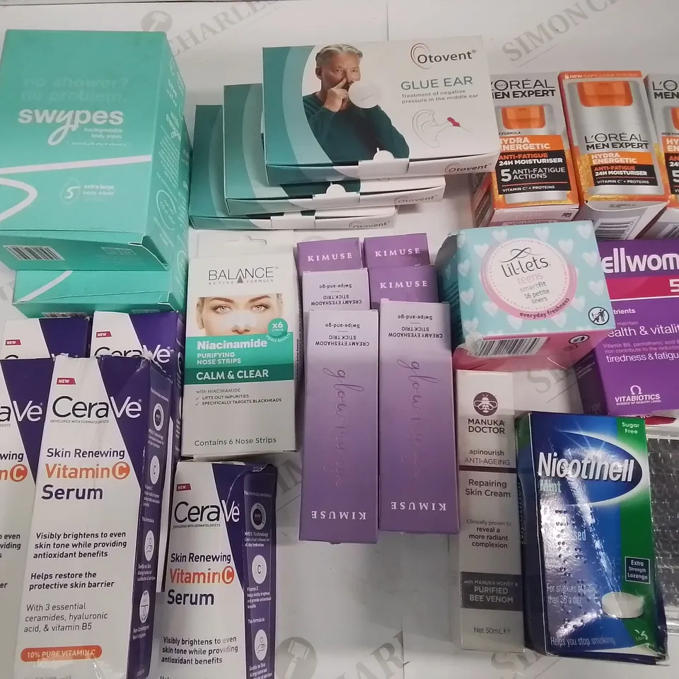 LOT OF 25 ASSORTED BRAND NEW HEALTH AND BEAUTY ITEMS TO INCLUDE BODY WIPES,GLUE EAR BALLOONS AND LOREAL MOISTURISER 