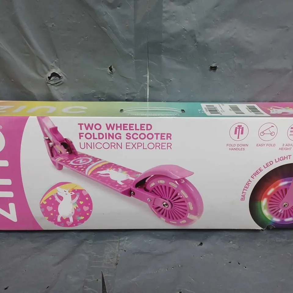 BOXED ZINC TWO WHEELED FOLDING LIGHT UP EXPLORER SCOOTER - UNICORN RRP £24.99