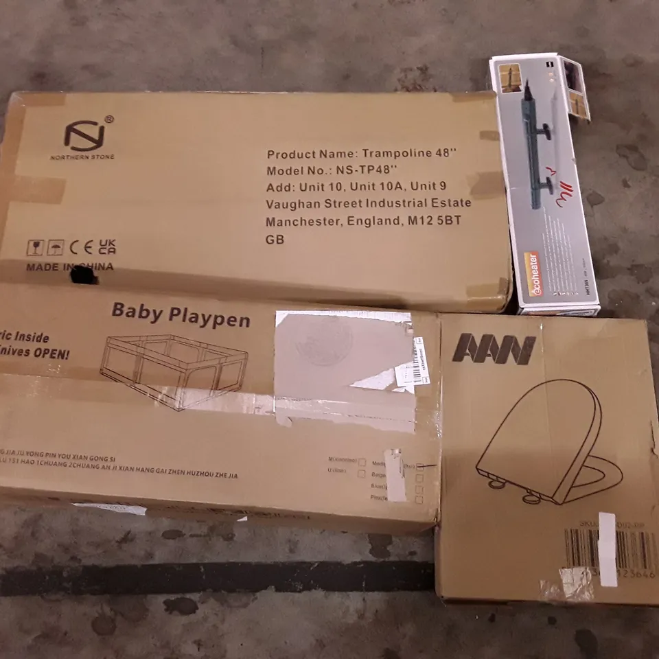 PALLET OF ASSORTED PRODUCTS INCLUDING 48" TRAMPOLINE, BABY PLAYPEN, TOILET SEAT, ECOHEATER