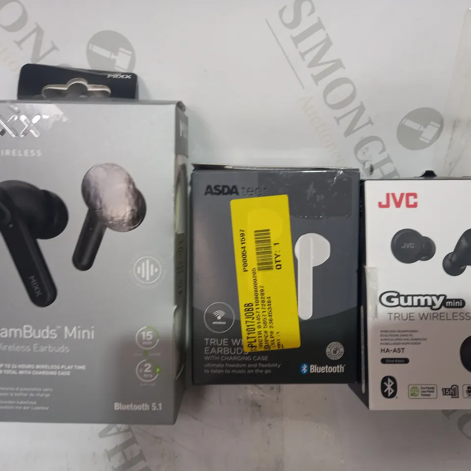 LOT OF APPROXIMATELY 20 ASSORTED HOUSEHOLD ITEMS TO INCLUDE MIXX TRUE WIRELESS STREAMBUDS MINI, ASDA TECH TRUE WIRELESS EARBUDS, JVC GUMY MINI TRUE WIRELESS EARBUDS, ETC