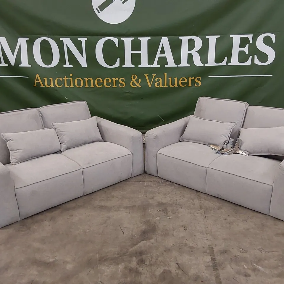 SET OF 2 MICHIGAN DOVE GREY PLUSH FABRIC 2 SEATER SOFA (MISSING SOME BOLTS)