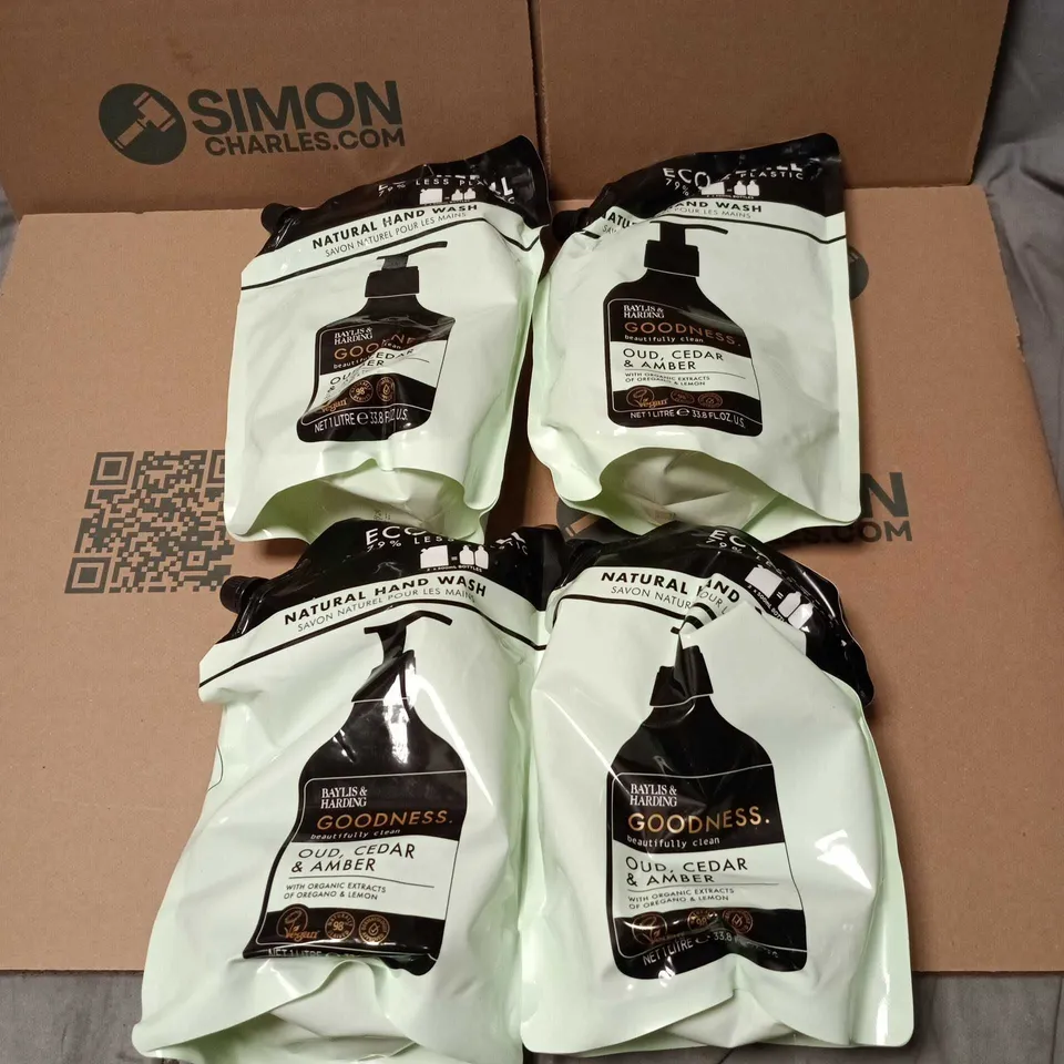 4 X BAYLIS AND HARDING GOODNESS OUD/CEDAR/AMBER 1L NATURAL HAND WASH REFILL