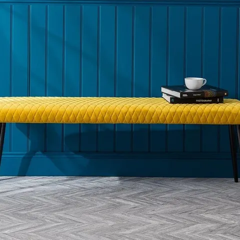BOXED VELVET UPHOLSTERED MUSTARD BENCH (1 BOX)